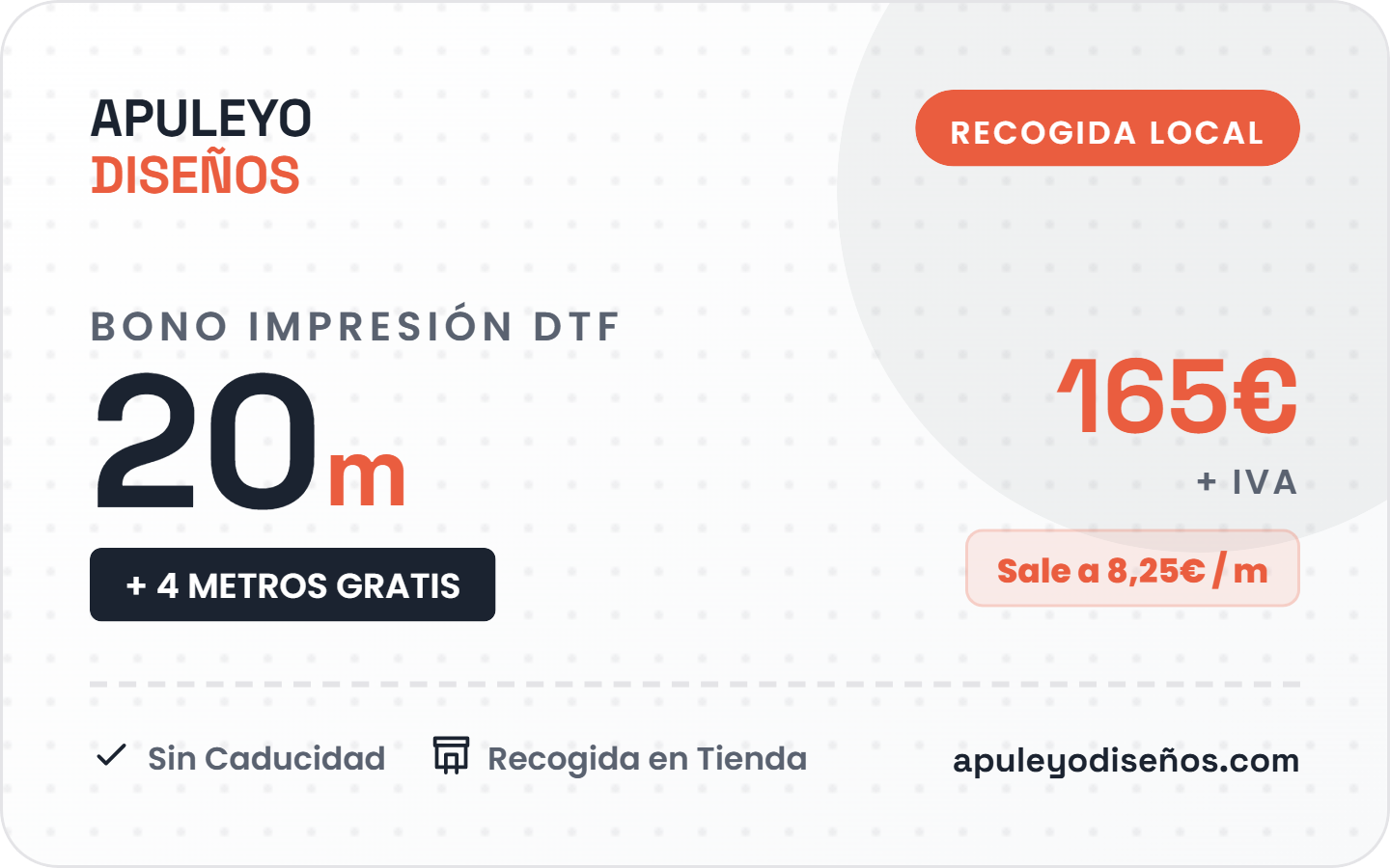 Bono DTF 20 metros en Local - 165€ + IVA, incluye 4 metros gratis y recogida en local